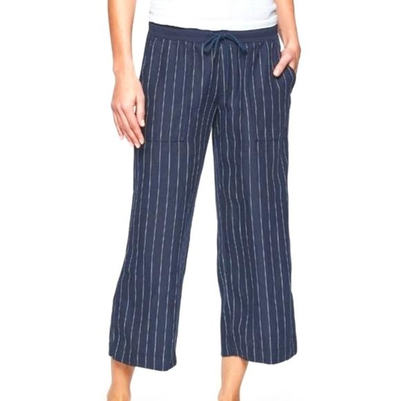 Athleta Pants - Athleta Women's Summer Pants Straight Wide Cropped Leg Ankle Size 12 Striped Blu